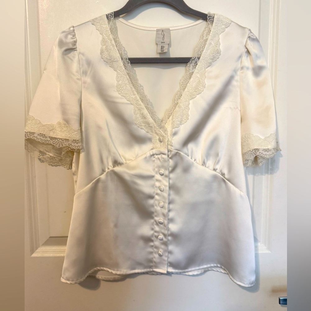Joie Cream Lace Trim Satin Blouse